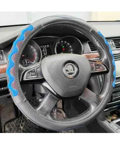 Műbőr kormányvédő 38cm fekete-kék 203-7BL ( A00146 ) AUTOLIFE