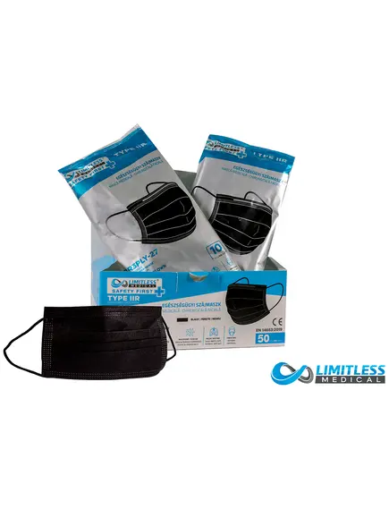 Fekete Orvosi maszk - 3 rétegű gumis egészségügyi szájmaszk - arcmaszk - Limitless Medical - Tizesével csomagolt