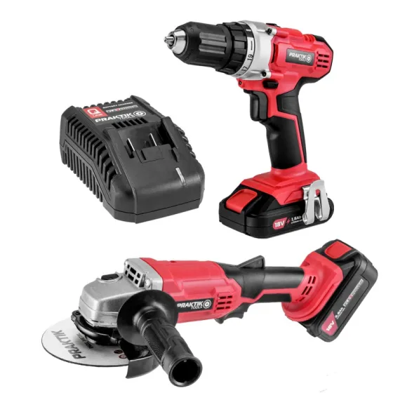 Akkus szett Praktik Flexpower system - furó 18v + sarokcsiszoló 18v + 3ah akku + töltő/ ptq026