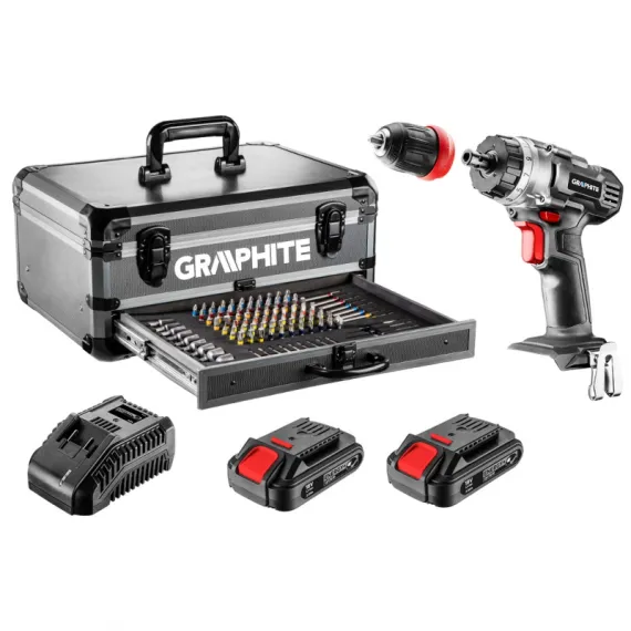 Akkus fúró energy Graphite 58g022-ps-15 + 2x18v/2.0ah, 10 mm + alumínium koffer + 109 kiegészítő