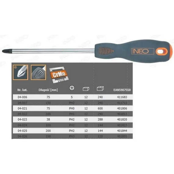 Csavarhúzó Neo 04-023 ph2x38mm marokcsavarhúzó