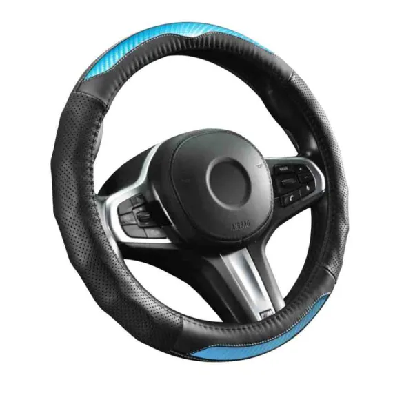 PREMIUM BOX CARBON DESIGN Valódi bőr kormányvédő 38cm fekete-kék DW-5408BL (00894) AUTOLIFE