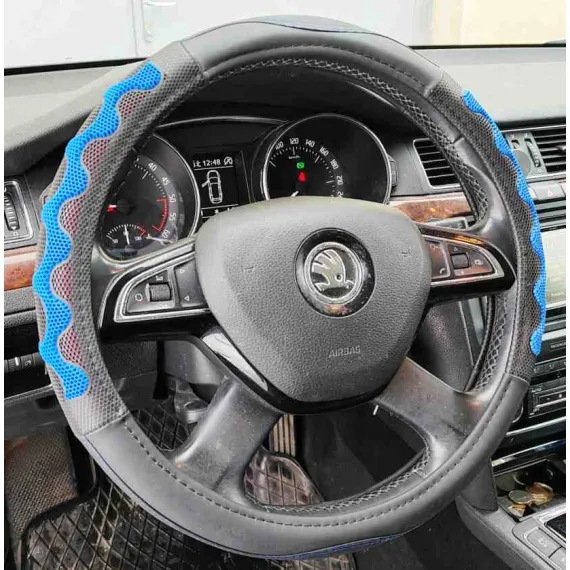 Műbőr kormányvédő 38cm fekete-kék 203-7BL ( A00146 ) AUTOLIFE