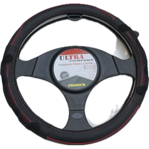 Valódi bőr kormányvédő 38cm fekete/piros (5002R) AUTOLIFE