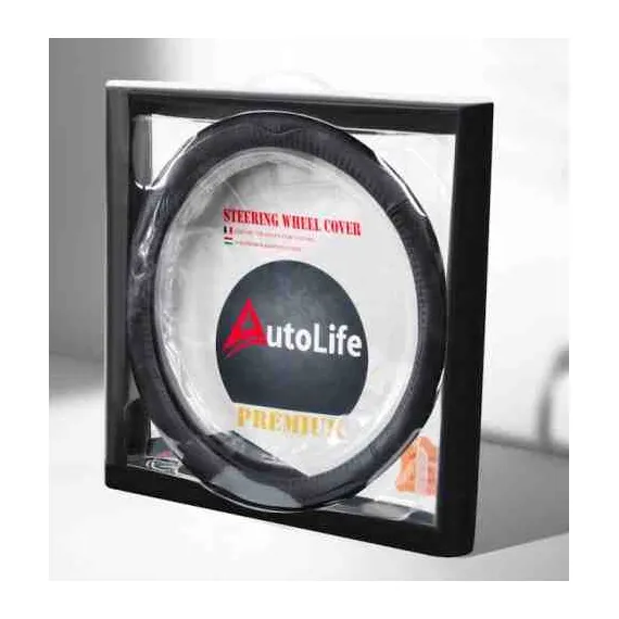 PREMIUM BOX CARBON DESIGN Valódi bőr kormányvédő 38cm fekete-fekete DW-5408BK (00849) AUTOLIFE