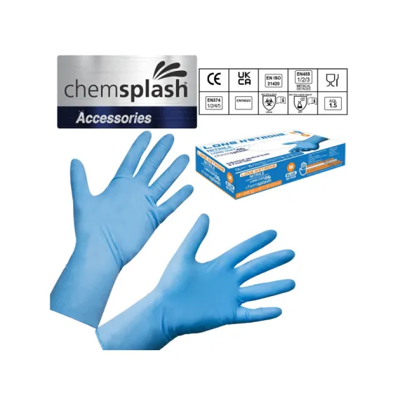 Chemsplash Long n Strong egyszerhasználatos púdermentes nitril kesztyű (50db) - kék - S, Szín: kék, Méret: S