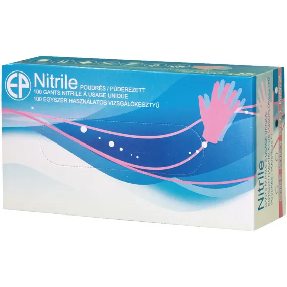 NITRIL KÉK VIZSGÁLÓKESZTYŰ, PÚDEROZOTT/100 DB M KÉK DOBOZ, Méret: M