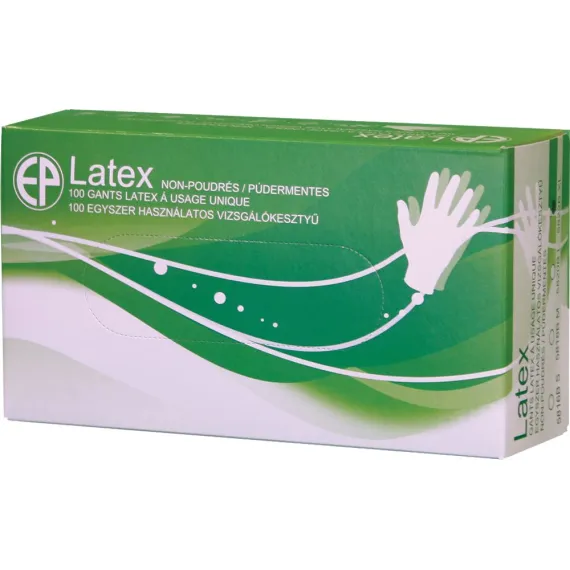 LATEX PÚDER NÉLKÜLI VIZSGÁLÓKESZTYŰ/100DB S ZÖLD DOBOZ, Méret: S