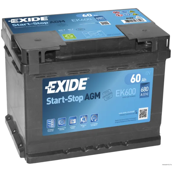 EXIDE AGM EK600 12V 60Ah 680A akkumulátor J+
