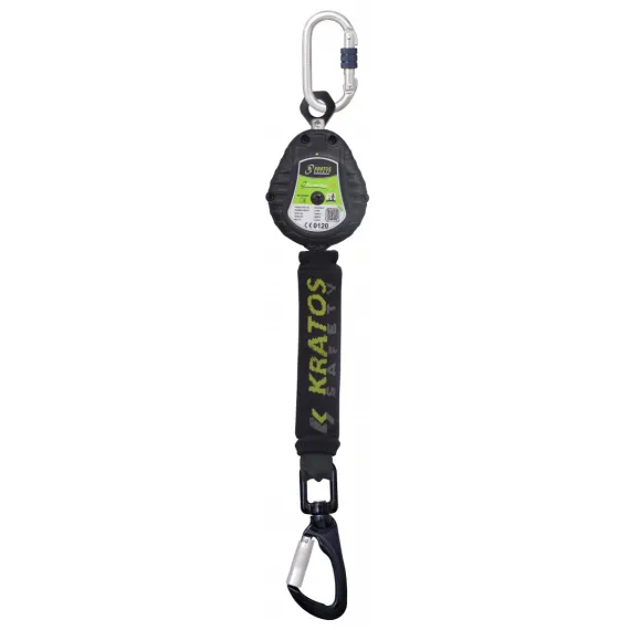 Kratos visszahúzható zuhanásgátló műanyag házban + karabiner - 2m - fekete/sárga - UNI, Szín: fekete/sárga, Méret: uni
